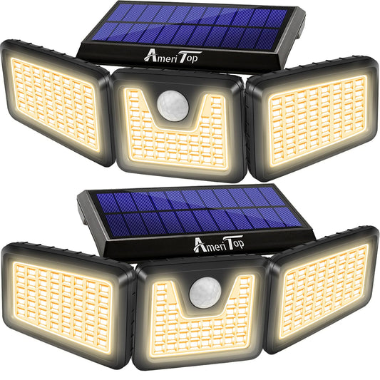 AmeriTop Solar Lights Outdoor -2 Pack, 800LM Cordless 128 LED Solar Motion Sensor Lights Outdoor; 3 Adjustable Heads, 270° Wide Illumination, IP65 Waterproof, Security LED Flood Light